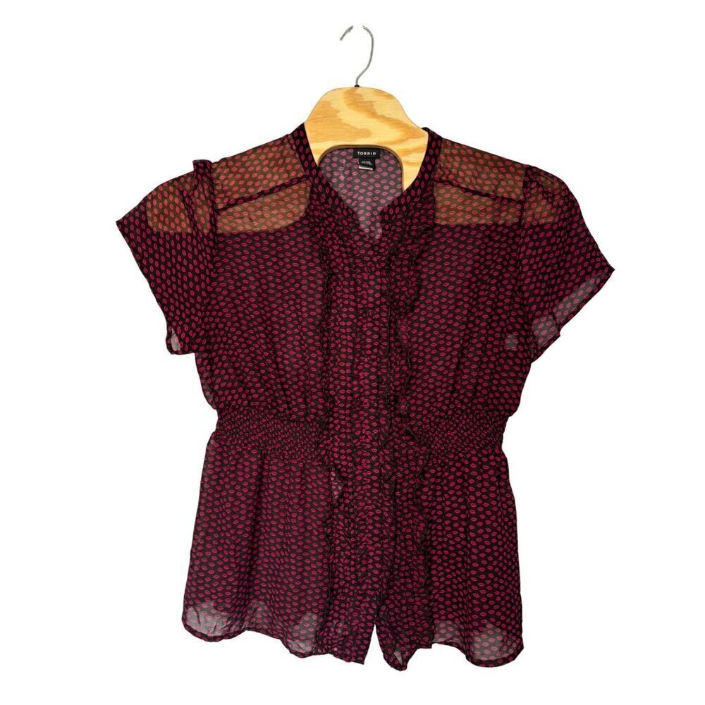 Torrid Women's Sheer Ruffled Button Down Blouse Smocking SZ 3 (22-24) Black Red